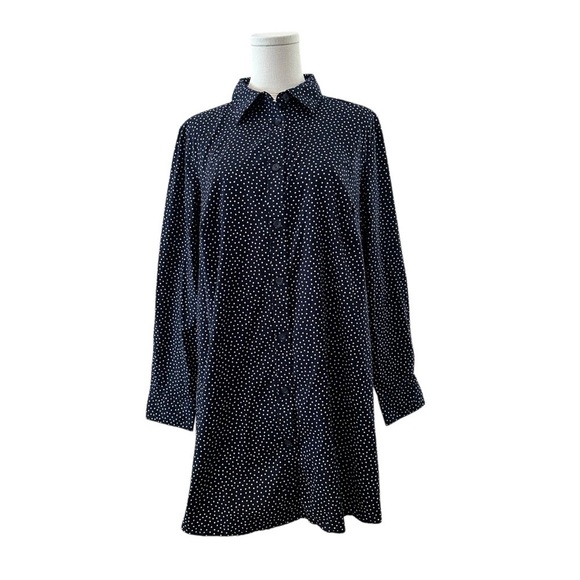 Woman Within Tops - Women’s 14/16 Navy Blue Polkadot Button Down 100% Cotton Nautical Tunic Shirt
